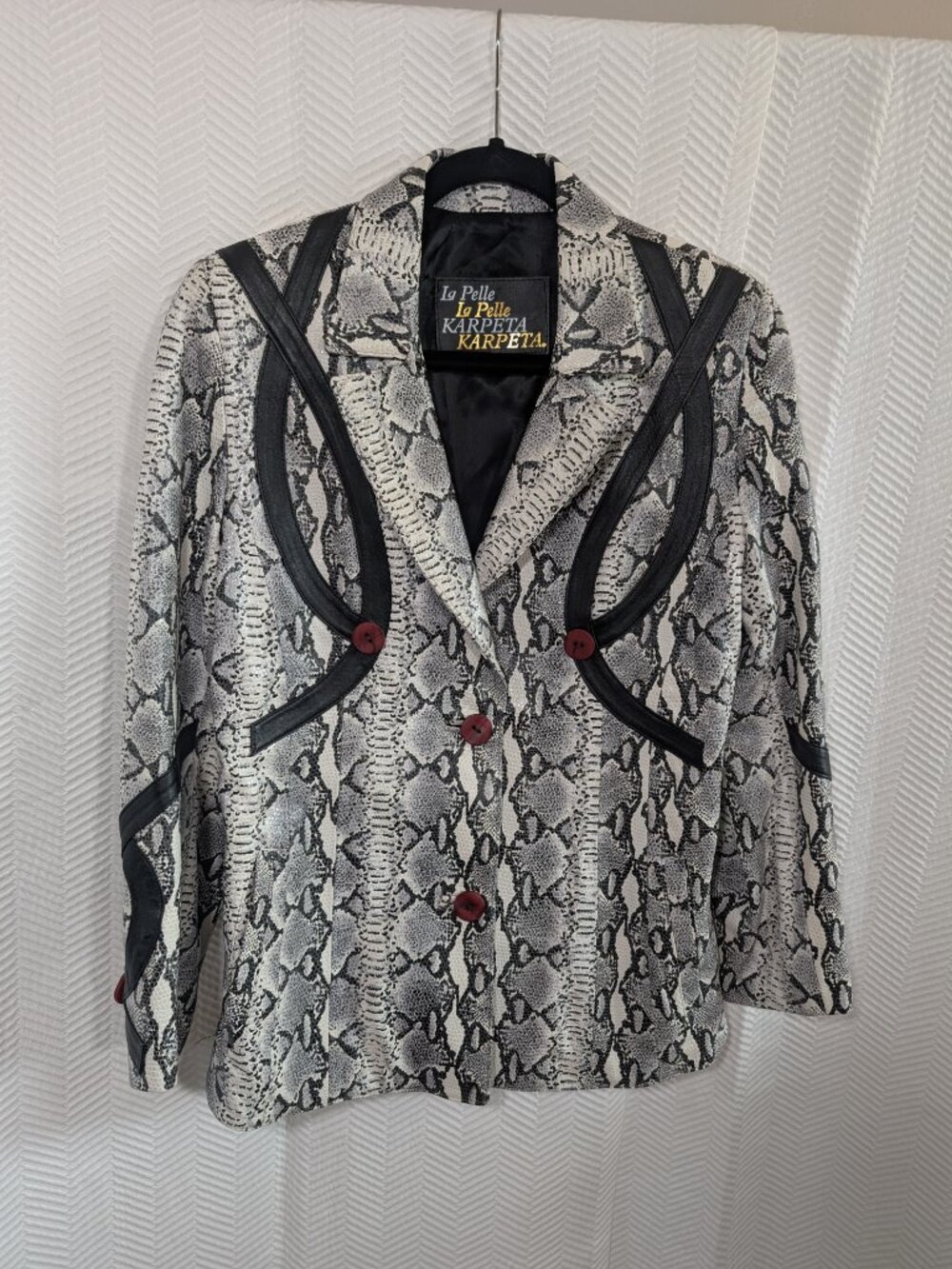 La Pelle Karpeta Genuine Leather Snakeskin Jacket Blazer Black & White Small